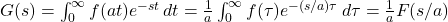 G(s) = \int_0^\infty f(a t) e^{-s t} \, dt = \frac{1}{a} \int_0^\infty f(\tau) e^{-(s/a) \tau} \, d\tau = \frac{1}{a} F(s/a)