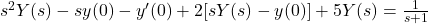 s^2 Y(s) - s y(0) - y'(0) + 2 [s Y(s) - y(0)] + 5 Y(s) = \frac{1}{s + 1}
