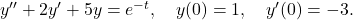 y'' + 2 y' + 5 y = e^{-t}, \quad y(0) = 1, \quad y'(0) = -3.