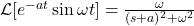 \mathcal{L}[e^{-a t} \sin \omega t] = \frac{\omega}{(s + a)^2 + \omega^2}